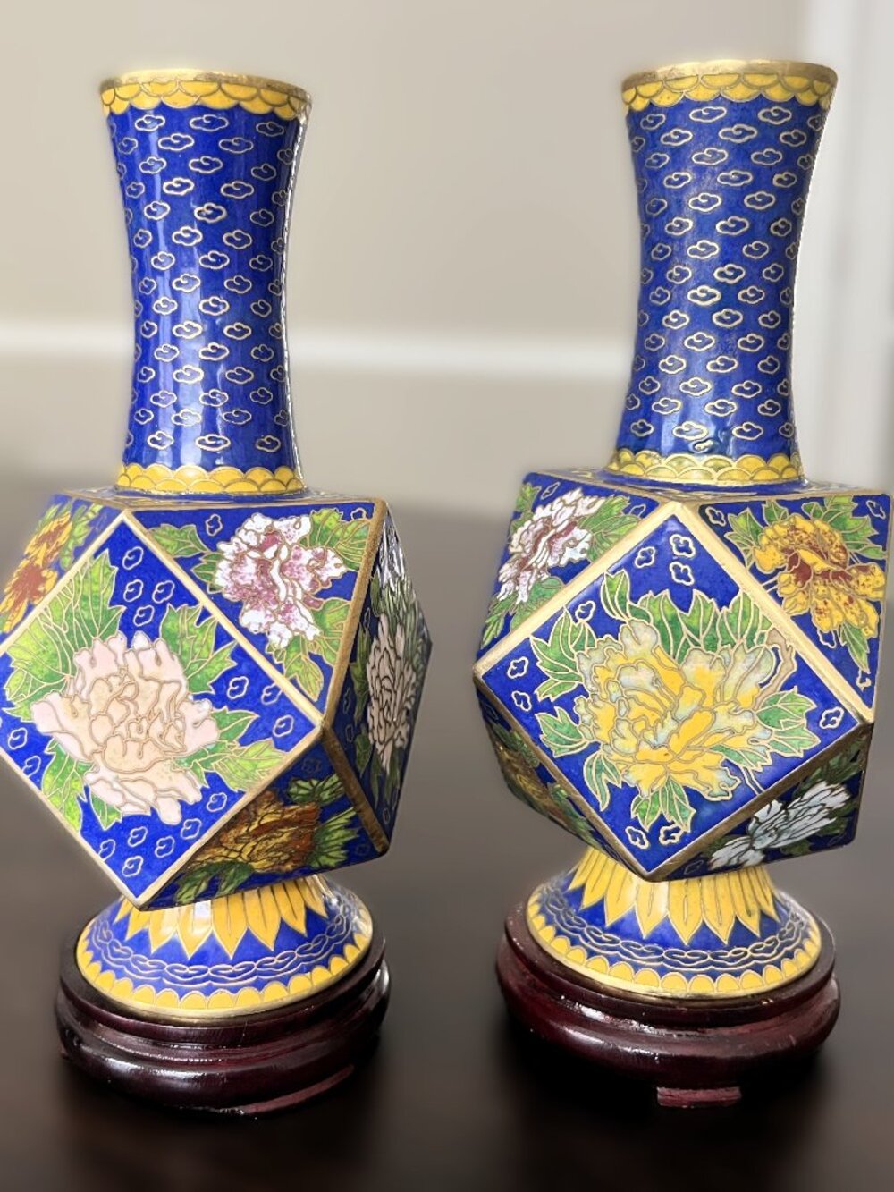 Pair Vintage Mid-Century Cloisonné Geometric Hexagonal Peony Vases w/ Stands